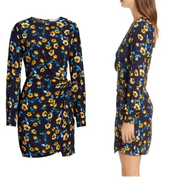 🌸 ASTR Apron Front Long Sleeve Dress in Navy Mustard Multi Floral Small S - Picture 2 of 11